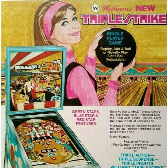 Triple Strike Pinball FLYER Original NOS 1975 Game Bowling Artwork Retro - Picture 1 of 3